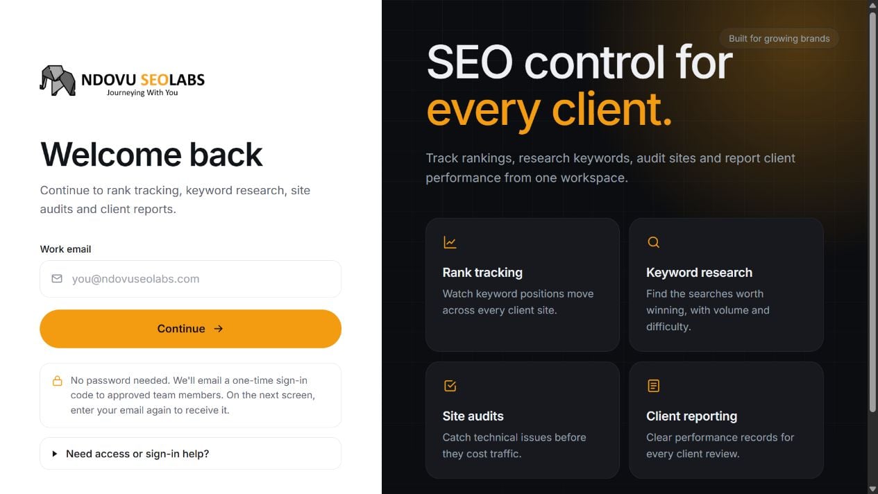 Actual Ndovu SEO Intelligence Platform entry with approved-team email-code sign-in